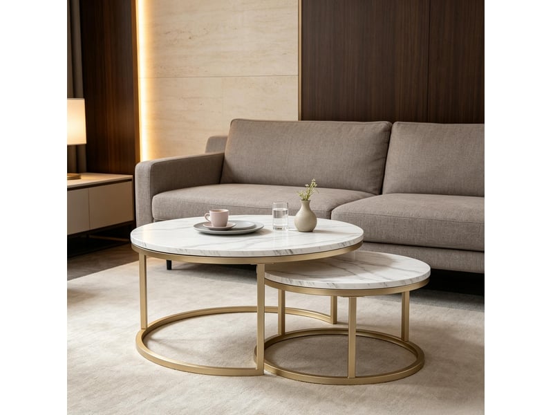  Lot de 2 tables basses rondes gigognes blanches effet marbre, mdf et acier, pour un salon modulable  - Conforama B