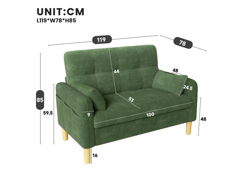  Canapé 2 places 119x78x85 cm en chenille vert avec 2 coussins  - Conforama C