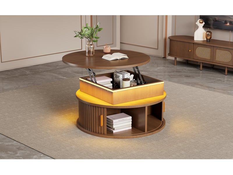 Table basse ronde réglable en hauteur 75x75x52 cm couleur noyer mdf avec éclairage led et deux portes à enroulement rangement intégré evarich - Conforama E