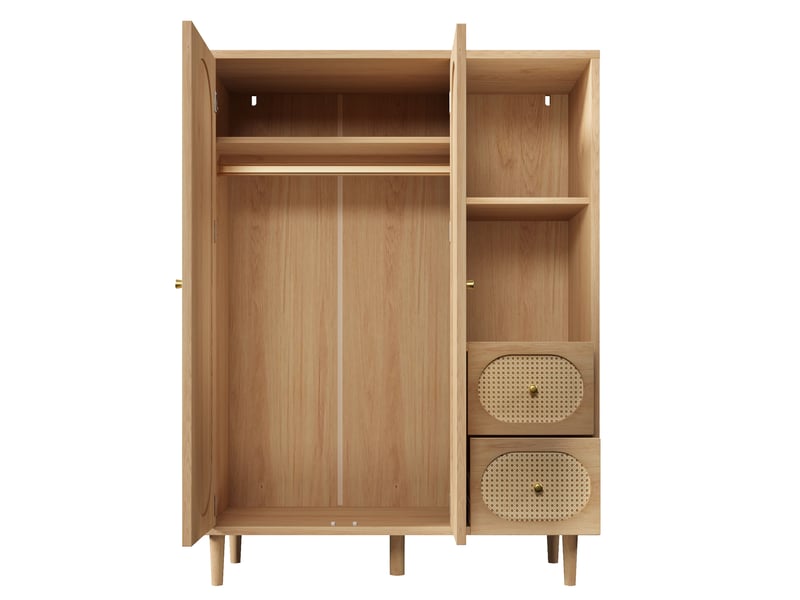 Armoire penderie 161x120x44 cm style campagne, chêne, 2 portes, 2 tiroirs, étagères, tringle - Conforama D