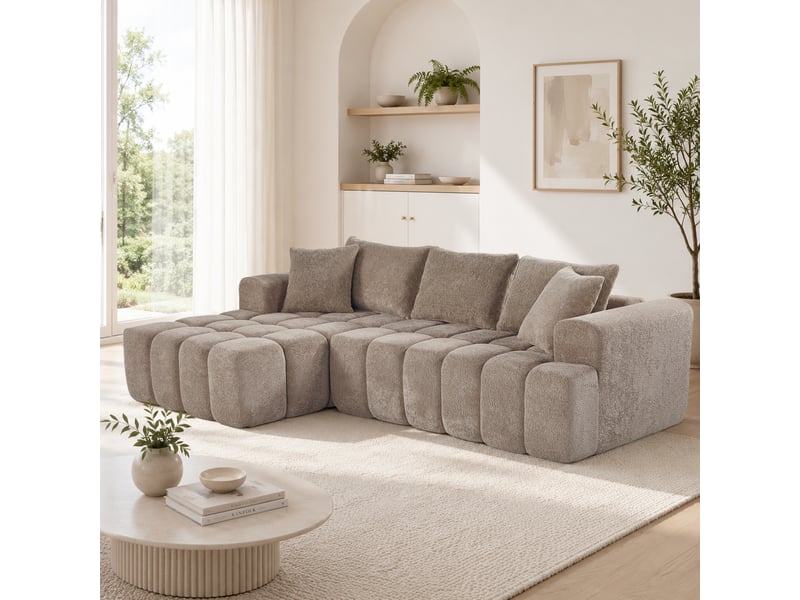  Canapé d'angle 250 cm en velours beige kaki avec méridienne gauche et coussins homvra  - Conforama E