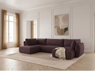 Canapé d'angle droit convertible <strong>BOBOCHIC</strong> <strong>ESMEE</strong> 5 places Tissu violet avec coffre de rangement