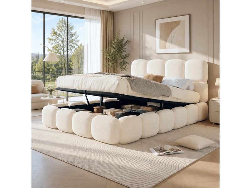  Lit coffre rembourrée 140x190 cm avec rangement hydraulique, tête de lit rembourrée, sommier inclus, bouclé, blanc CARDUME ESTIVAL - Conforama D