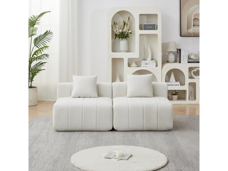  Canapé 2 places - 165x60.9x73.6 cm - canapé droit modulaire chenille avec 2 coussins, sans montage - blanc  - Conforama D