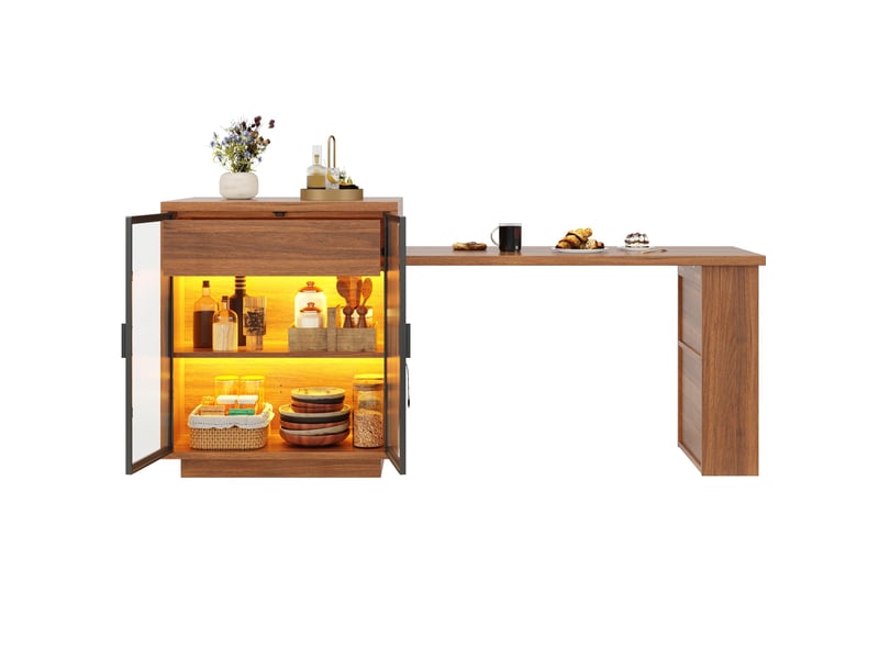 Îlot de cuisine extensible avec rangements et led, 122 à 194,5 cm, marron foncé - Conforama A