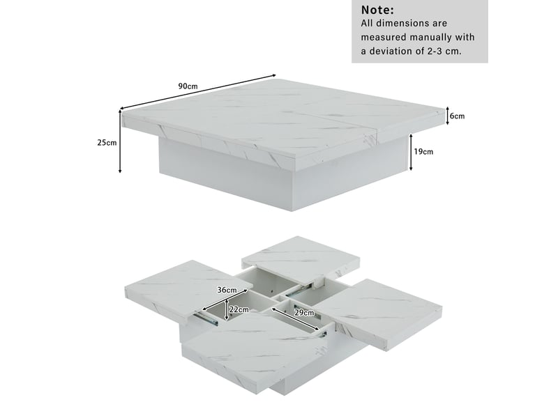  Table basse carrée moderne avec 4 tiroirs et plateau coulissant, effet marbre, pour salon, 90 × 90 × 25 cm  - Conforama D
