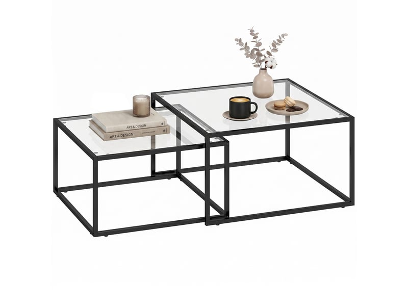  Lot de 2 tables basses gigognes en verre trempé et métal noir, 75 x 75 x 42 cm  - Conforama A