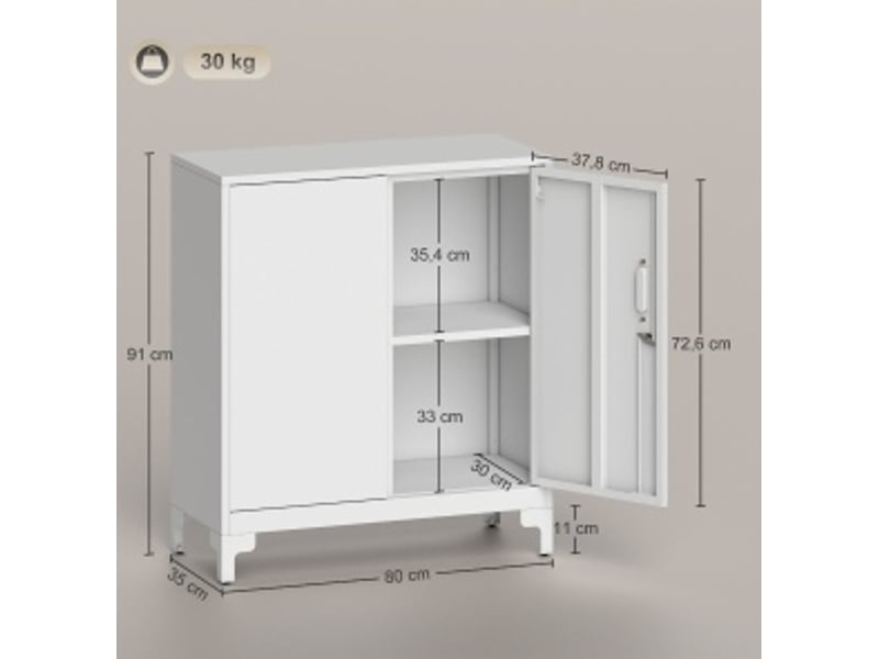  Armoire de bureau 80x35x91 cm blanche en métal, 2 niveaux de rangement, portes verrouillables à clé  - Conforama C