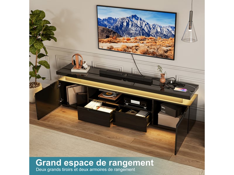  Meuble tv noir brillant 180 cm avec led rgb, multiprise usb-c intégrée, 2 tiroirs et 2 armoires, pour tv jusqu’à 75 pouces  - Conforama D