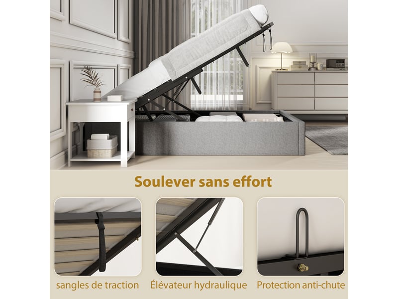  Lit coffre 140 x 190 cm, cadre de lit double rembourré, sommier à lattes en bois, rangement caché, sans bruit, gris  - Conforama E