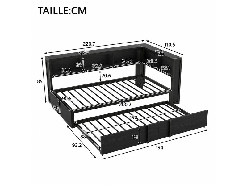  Lit banquette en métal et mdf, lit simple 90x200 cm avec lit gigogne, 5 placards, led et usb, sans matelas, noir  - Conforama D