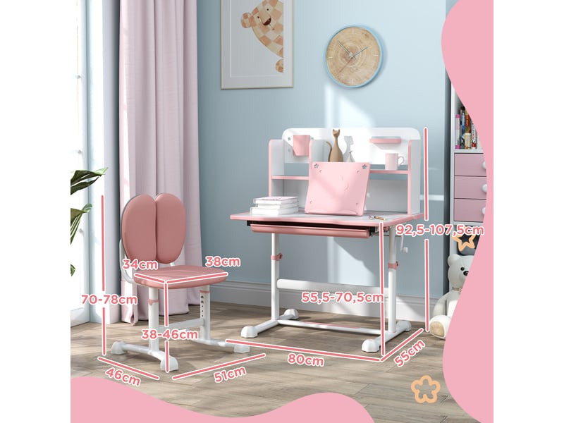 Ensemble bureau et chaise pour enfants de 3 ans et plus, hauteur réglable, plateau inclinable, 80 x 55 x 107,5 cm, rose - Conforama D