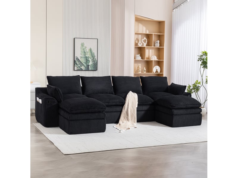  Canapé modulable ulevr 4 places en velours côtelé noir 335 x 167 x 85 cm, avec 2 poufs et poches latérales  - Conforama D