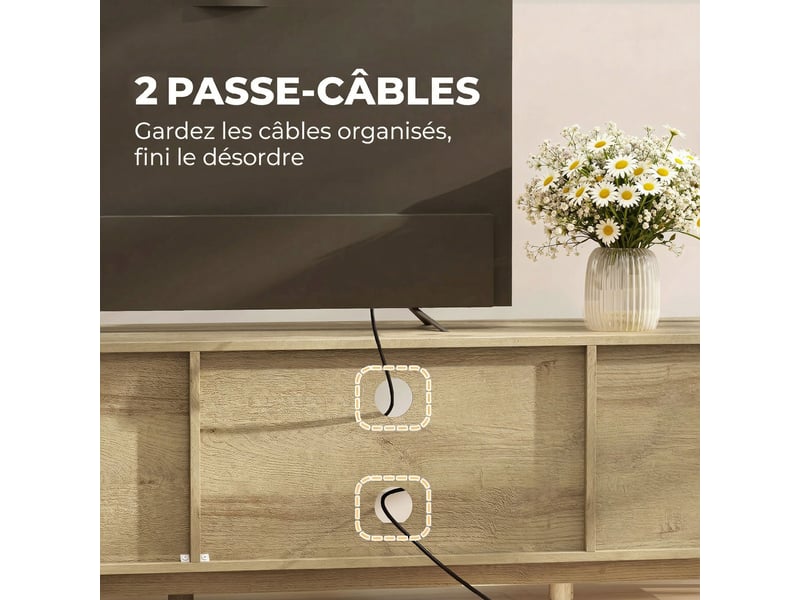  Meuble tv 135 cm, meuble télé pour téléviseur jusqu'à 65 pouces avec 2 portes en rotin, chêne, 2 compartiments ouverts  - Conforama R