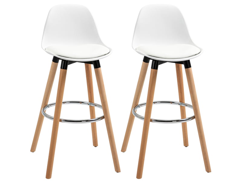  Lot de 2 tabourets de bar style scandinave avec dossier incurvé et repose-pieds, en simili cuir blanc  - Conforama A