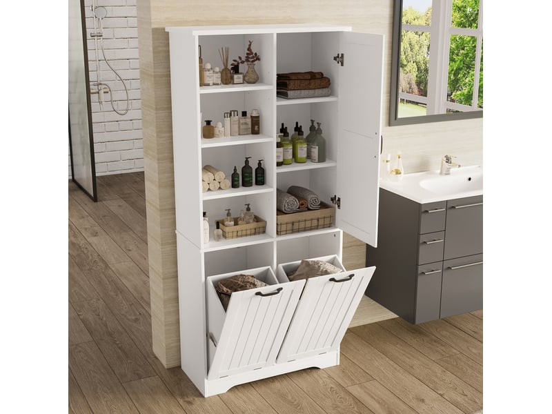  Armoire de salle de bains blanche en mdf avec 2 paniers à linge, rangements ouverts et étagères réglables  - Conforama E