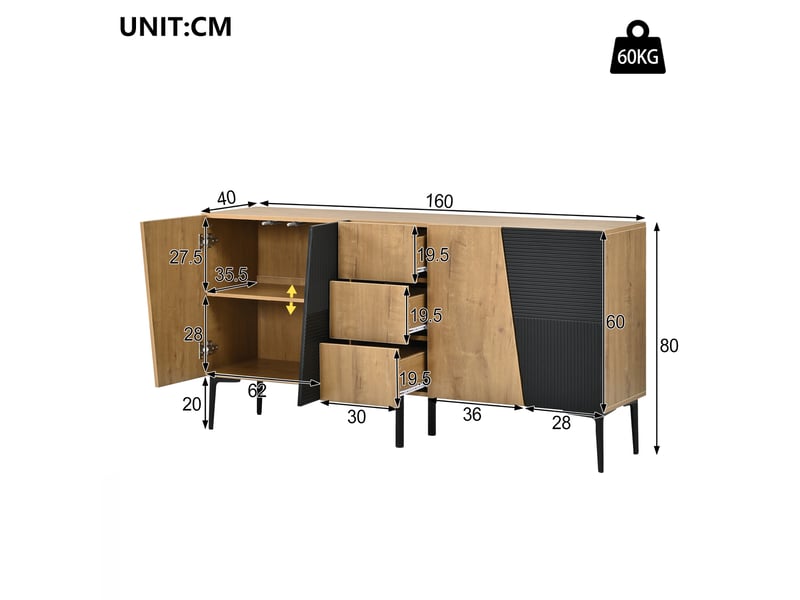  Buffet de cuisine - 160x40x80 cm - sideboard avec 4 portes, 3 tiroirs et pieds en métal - bois et noir  - Conforama E