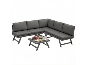 Salon de jardin avec 2 canapés 2 places, 1 fauteuil d'angle, table basse et 11 coussins, acier et aluminium gris
