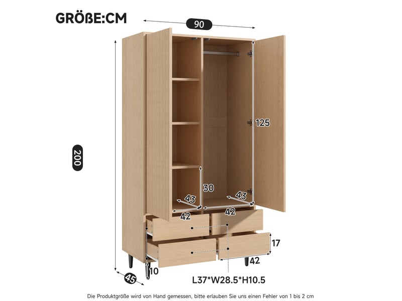  Armoire 90x45x200 cm avec 4 tiroirs et miroir, mdf et métal, coloris bois, rangement chambre et dressing, rangement  - Conforama C
