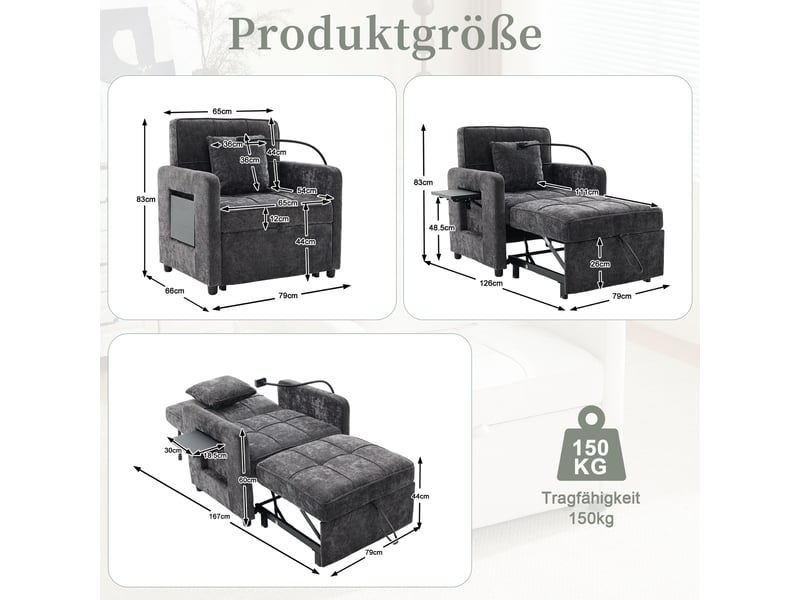  Fauteuil-lit convertible 2-en-1 en chenille gris foncé, dossier réglable 5 positions, tablette et rangements, 167 cm IKSETERA TRADING LTD - Conforama C