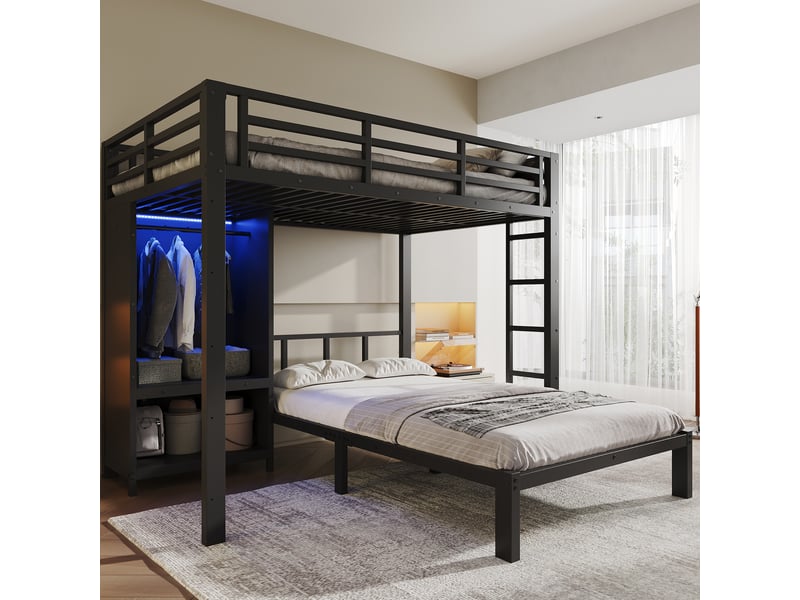 Lit superposé 120x200 cm en métal noir avec armoire et éclairage led - Conforama B
