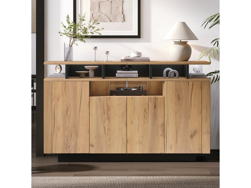 Buffet, naturel, panneau de particules, 140 × 40 × 85 cm, 4 portes, pour salon, entrée et bureau, dispositif anti-basculement - Conforama E