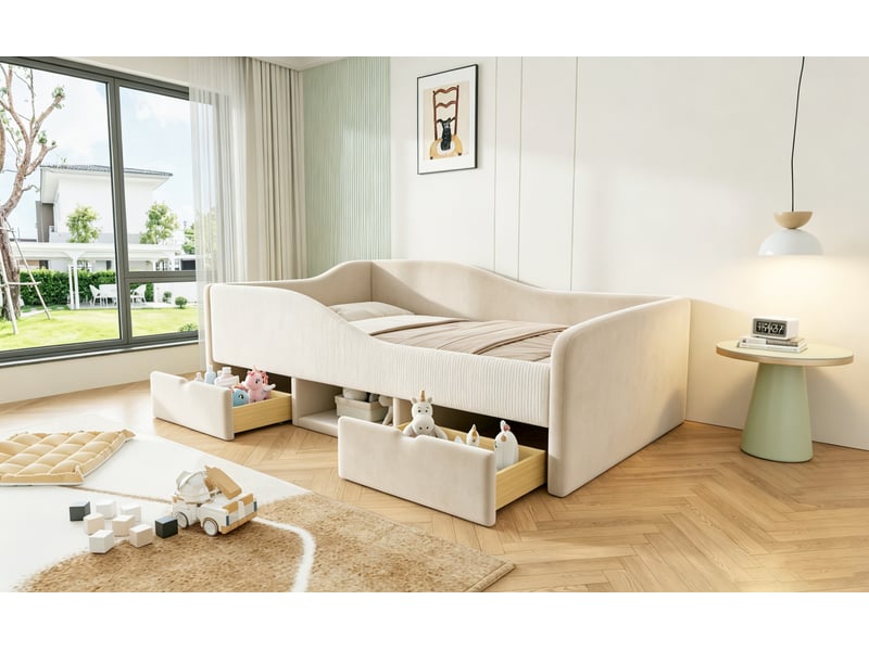  Lit enfant rembourré 90x190 cm en velours beige avec 2 tiroirs  - Conforama E