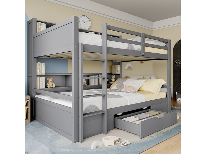 Lit superposé enfant 90 x 200 cm avec tiroir et rangements, gris, sans matelas - Conforama E