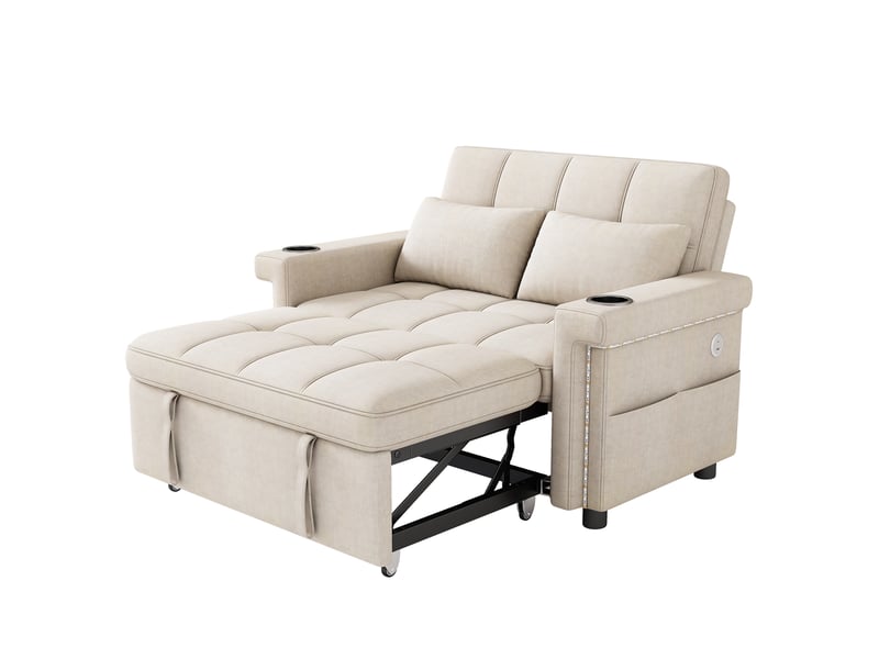  Canapé convertible 2 places 145 x 141,5 cm, led, usbtype-c, dossier réglable, porte-gobelets, poche latérale, chenille - beige  - Conforama A