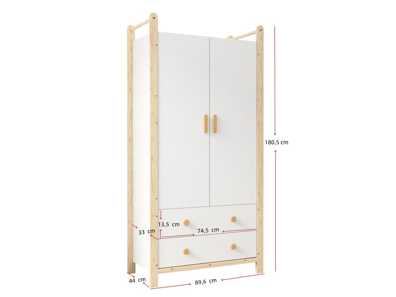  Armoire 2 portes modenvie avec penderie et 2 tiroirs 90 x 45 x 180 cm blanc et naturel  - Conforama C