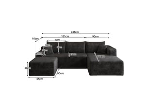 Canapé d'angle l 4 places en velours côtelé noir, 241 cm, assise profonde avec méridienne, sans montage