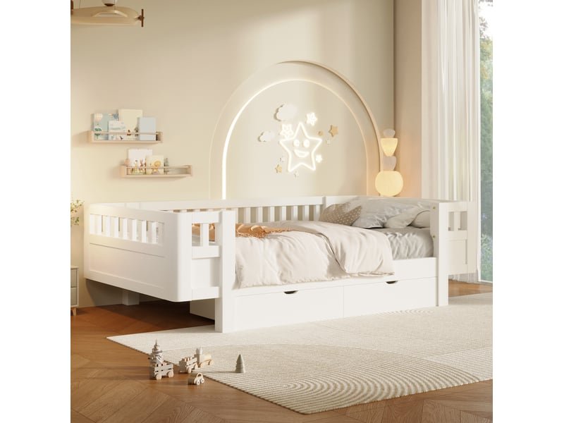  Lit enfant modenvie 90 x 200 cm avec barrière de protection et 2 tiroirs de rangement, blanc  - Conforama D