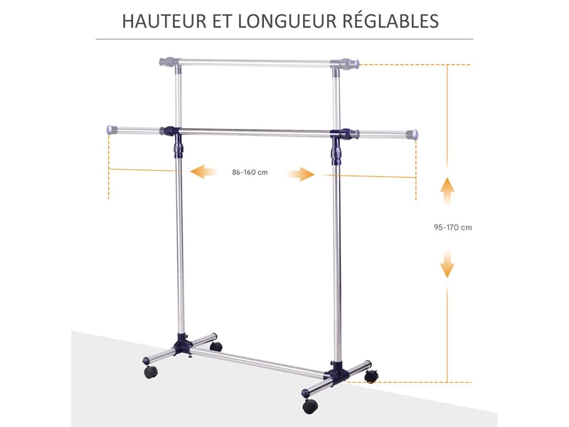  Portant à vêtements réglable à roulettes en acier inoxydable  - Conforama D