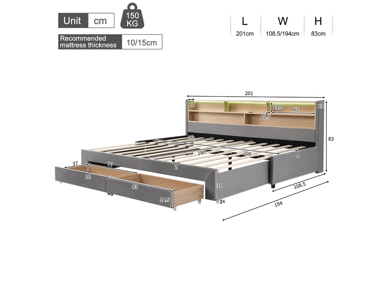Lit gigogne 90x200 cm lit banquette extensible 180 cm avec 2 tiroirs, usb et led, velours gris ABC - Conforama C