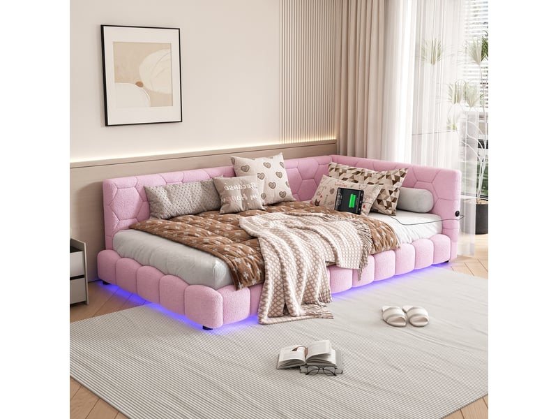  Lit banquette 90x200 cm led 16 couleurs usb type-c rose  - Conforama D