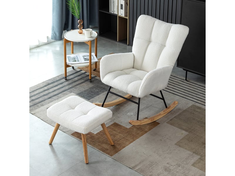  Fauteuil à bascule blanc avec repose-pieds, tissu bouclette et cadre en bois d'hévéa, siège lounge, 92 cm  - Conforama B