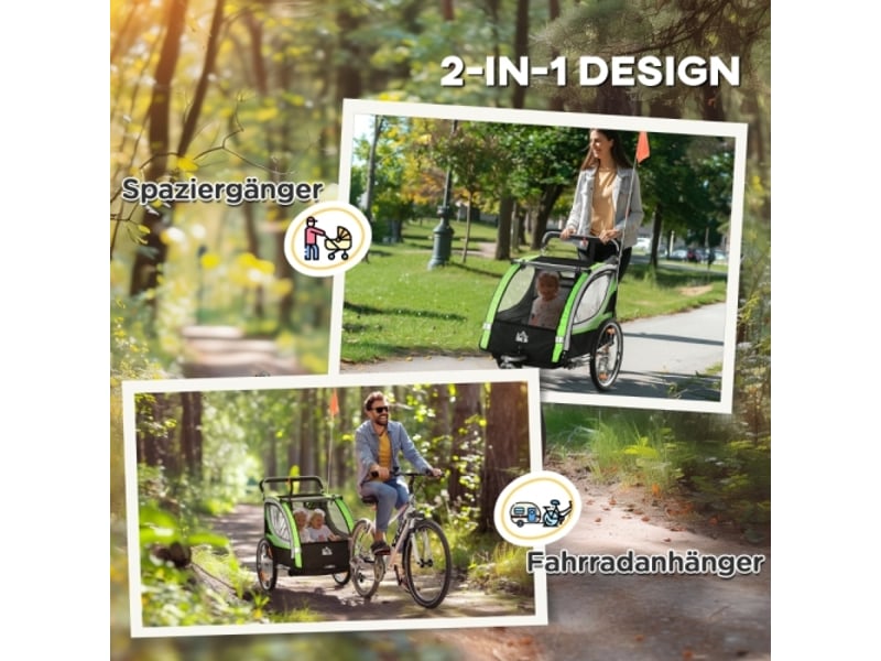  Remorque vélo enfant 2 en 1 pour 2 enfants, fonction poussette, frein, protection pluie, verte  - Conforama D