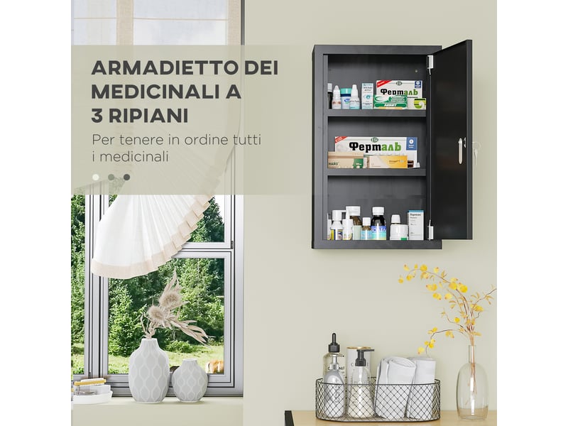  Armoire à pharmacie murale verrouillable en acier noir, 3 étagères, 30 x 14 x 46 cm  - Conforama W