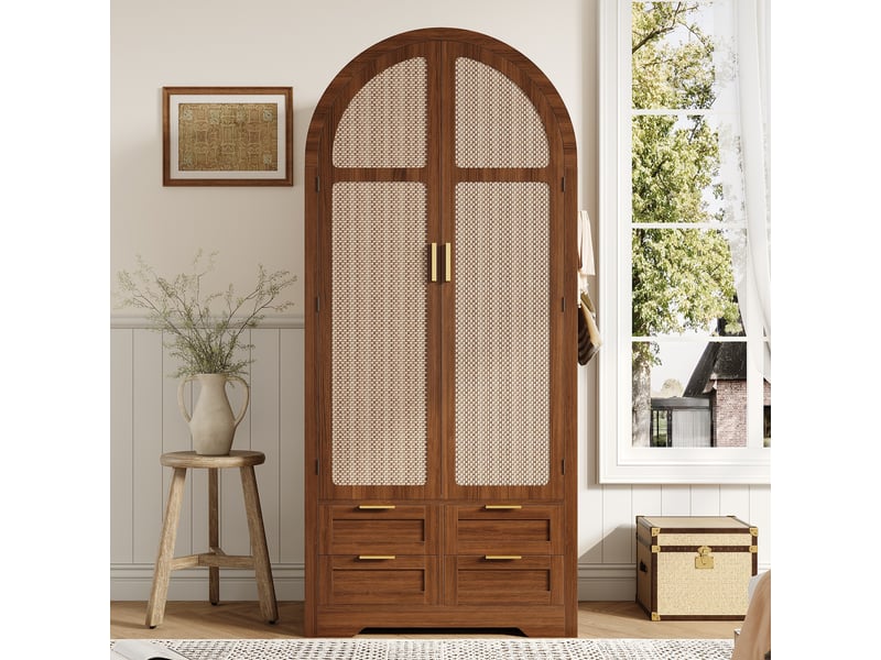 Armoire penderie 80x50x180cm, portes cintrées avec panneaux en rotin, tringle, étagères et tiroirs bas, pieds surélevés, mdf effet noyer mat - Conforama B