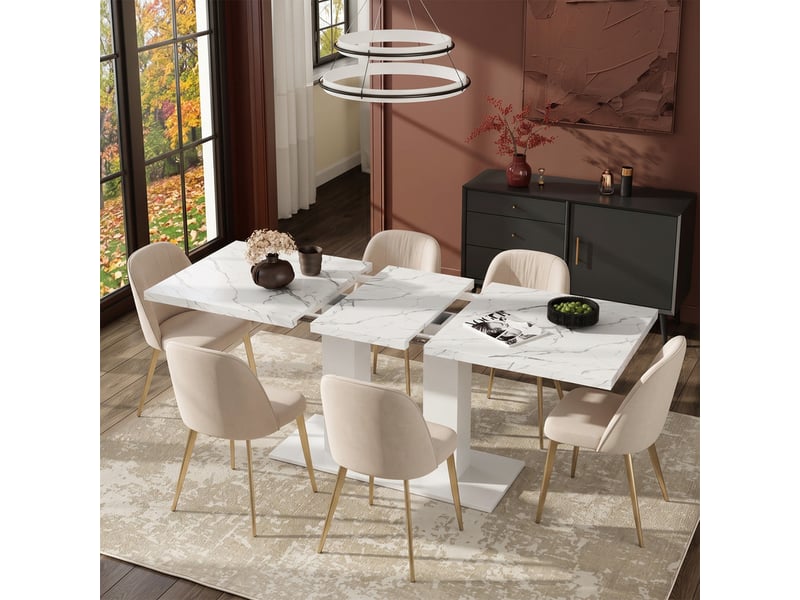  Ensemble table et chaises 6-8 pers, table extensible 140/180x70cm blanche, style épuré, 6 chaises velours beige/doré  - Conforama D