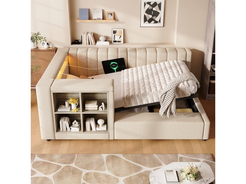 Lit banquette coffre 90x200 cm, banquette-lit, ouverture hydraulique, éclairage led, ports usb et type-c, sommier à lattes, lin beige OPULERANE TRADING LTD - Conforama B