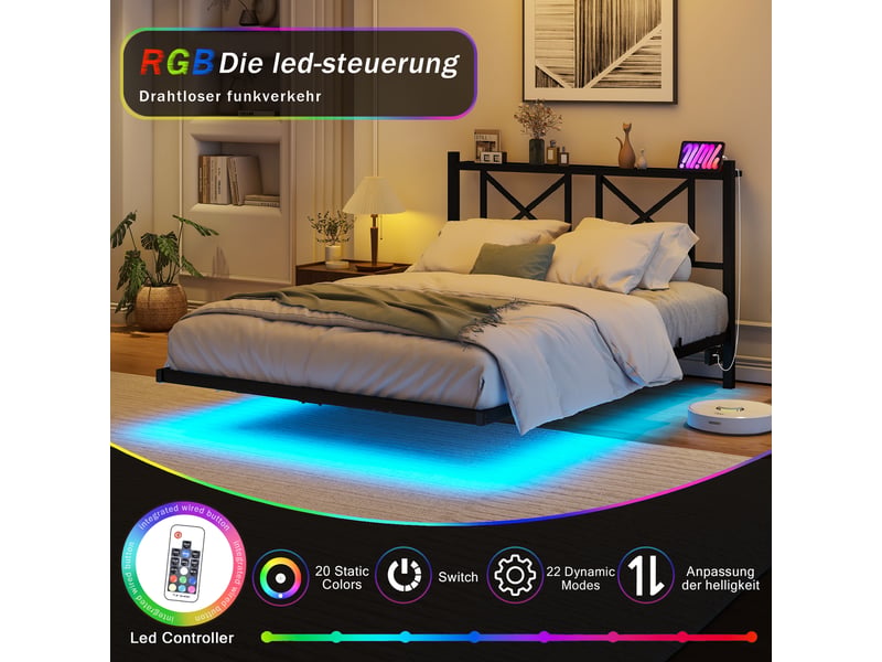  Cadre de lit 160x200 cm métal avec tête led, ports usb et effet flottant, sans matelas  - Conforama E