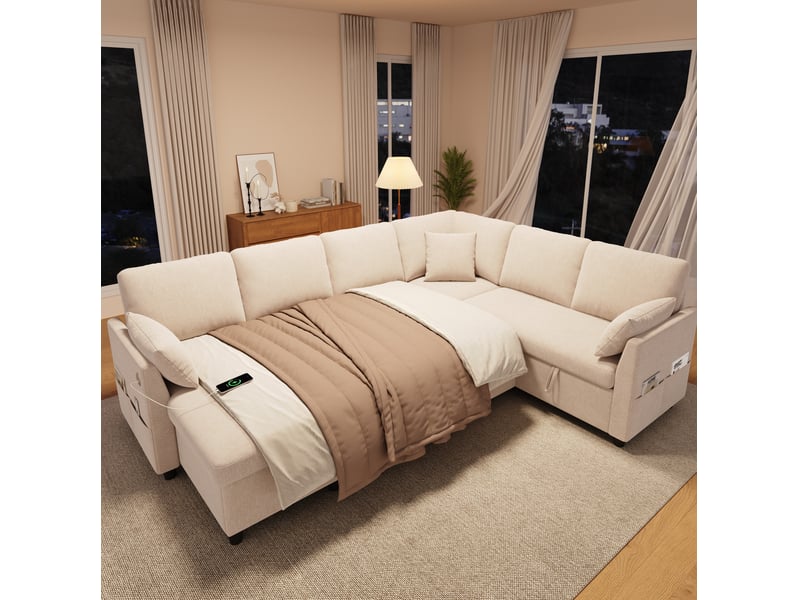 Canapé d'angle modulable 6 places 255x196x85 cm convertible beige - Conforama E