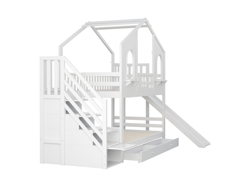 Lit superposé cabane 90 × 200 cm, escalier-rangement, toboggan, tiroirs, toit et fenêtres, bois massif et mdf, blanc - Conforama E