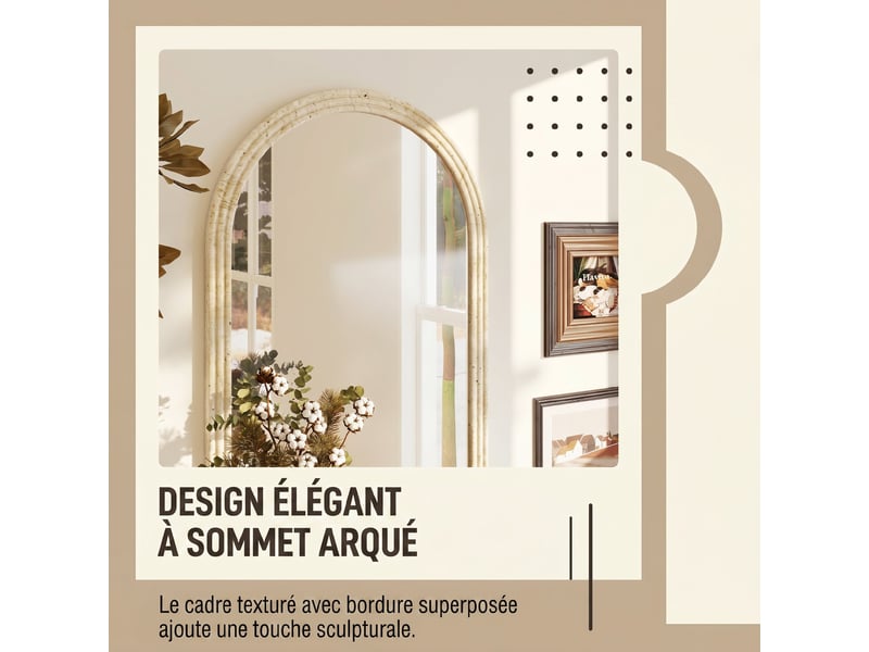  Miroir mural arqué, miroir moderne avec bord rainuré et crochets, verre trempé et polystyrène, 60 x 90 cm, beige  - Conforama D