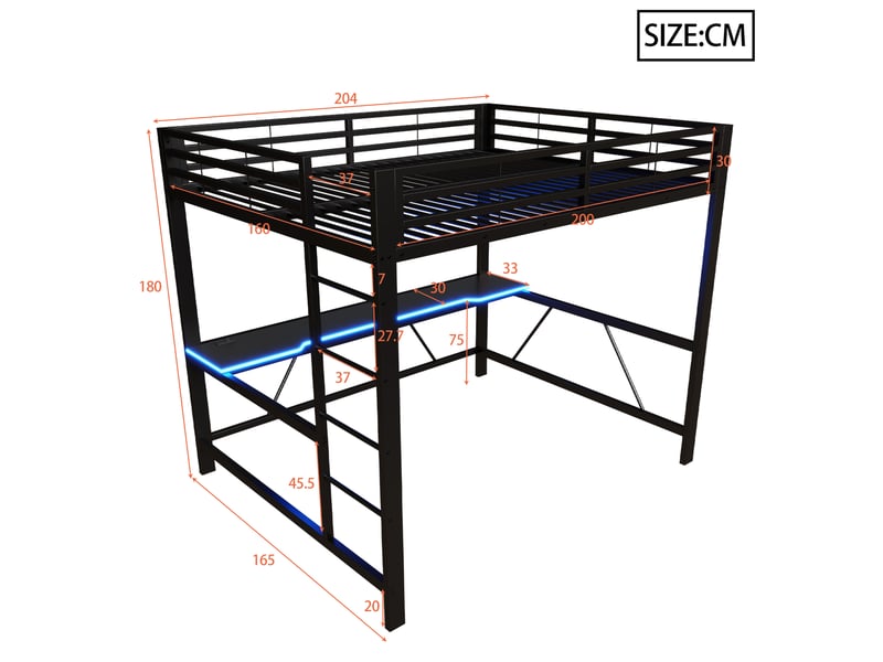  Lit mezzanine double 160×200 cm bureau, led et usb  - sans matelas, métal et mdf noir  - Conforama D