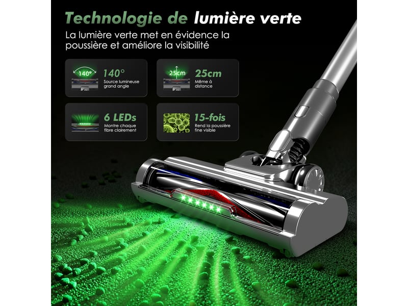  Aspirateur balai auto-portant puissant sans fil42kpa, 60 min d'autonomie, 2 vitesses, 6 en 1, capacité 1,6l, lumière verte  - Conforama D