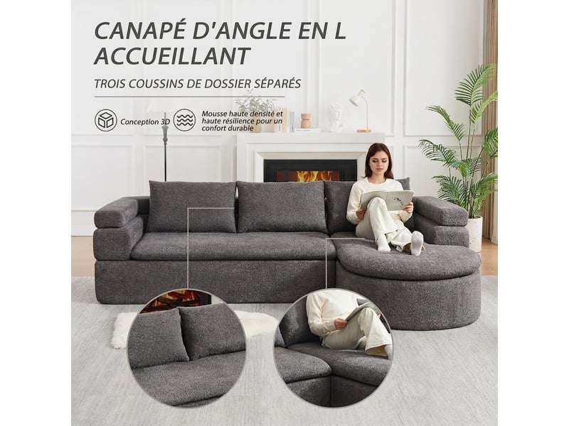  Canapé d'angle en l avec méridienne anthracite, chenille 3 places, accoudoir à niveaux  - Conforama D