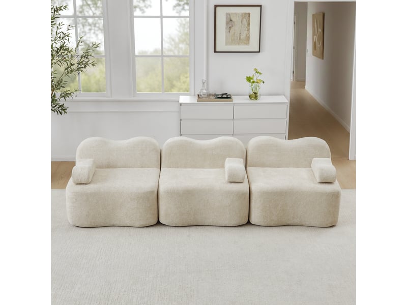 Canapé modulaire 3 places avec assise profonde et coussin d’accoudoir, en velours beige - Conforama B
