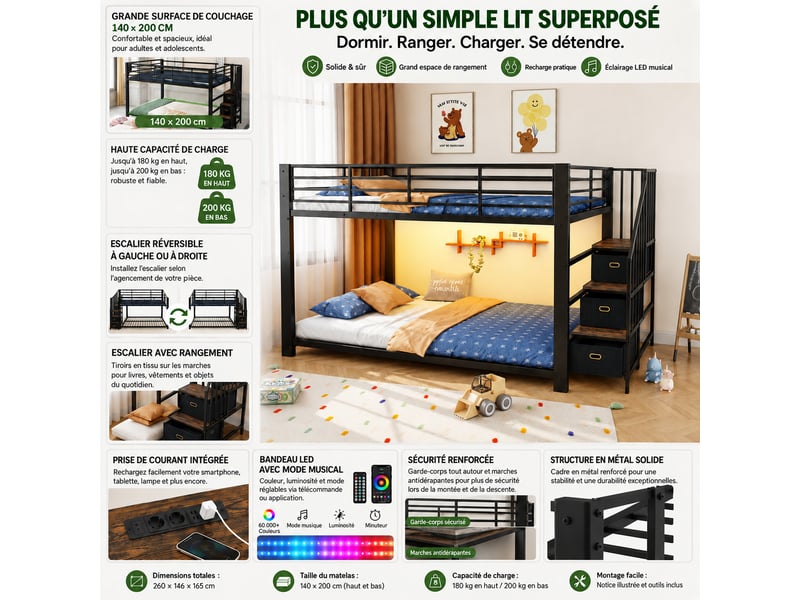  Lit superposé 2x140x200 cm - 4 places - escalier avec rangements - électrique prise - led intégrée &amp; usb - noir  - Conforama E